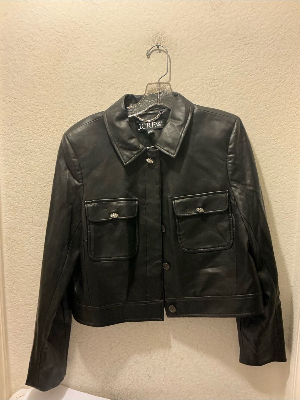 J. Crew Black Faux Leather Jacket with Crystal Buttons size 12